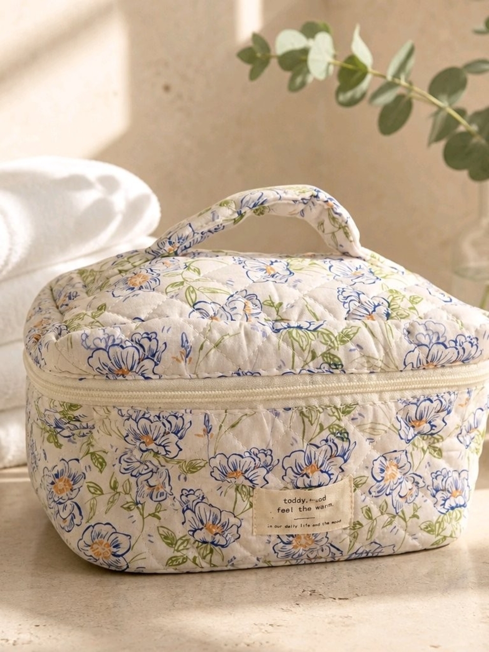Floral Quilted Cosmetic Case - Cream with Blue Floral Print